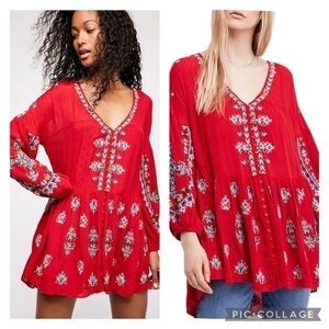 Free People Arianna Embroidered Red Tunic Small